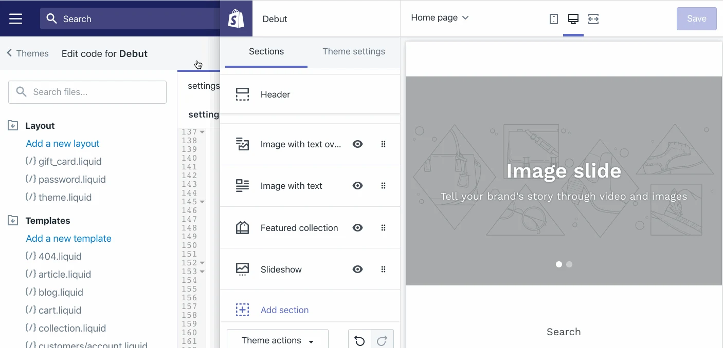 Legacy Shopify theme editor with code and manual settings