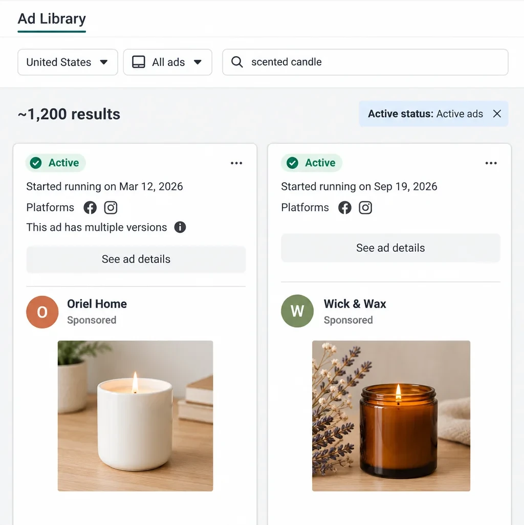Meta's Ad Library: a scented candle search in the United States, filtered to active ads, with two fictional stores, one running since March 12, 2026 with multiple versions, the other since September 19, 2026