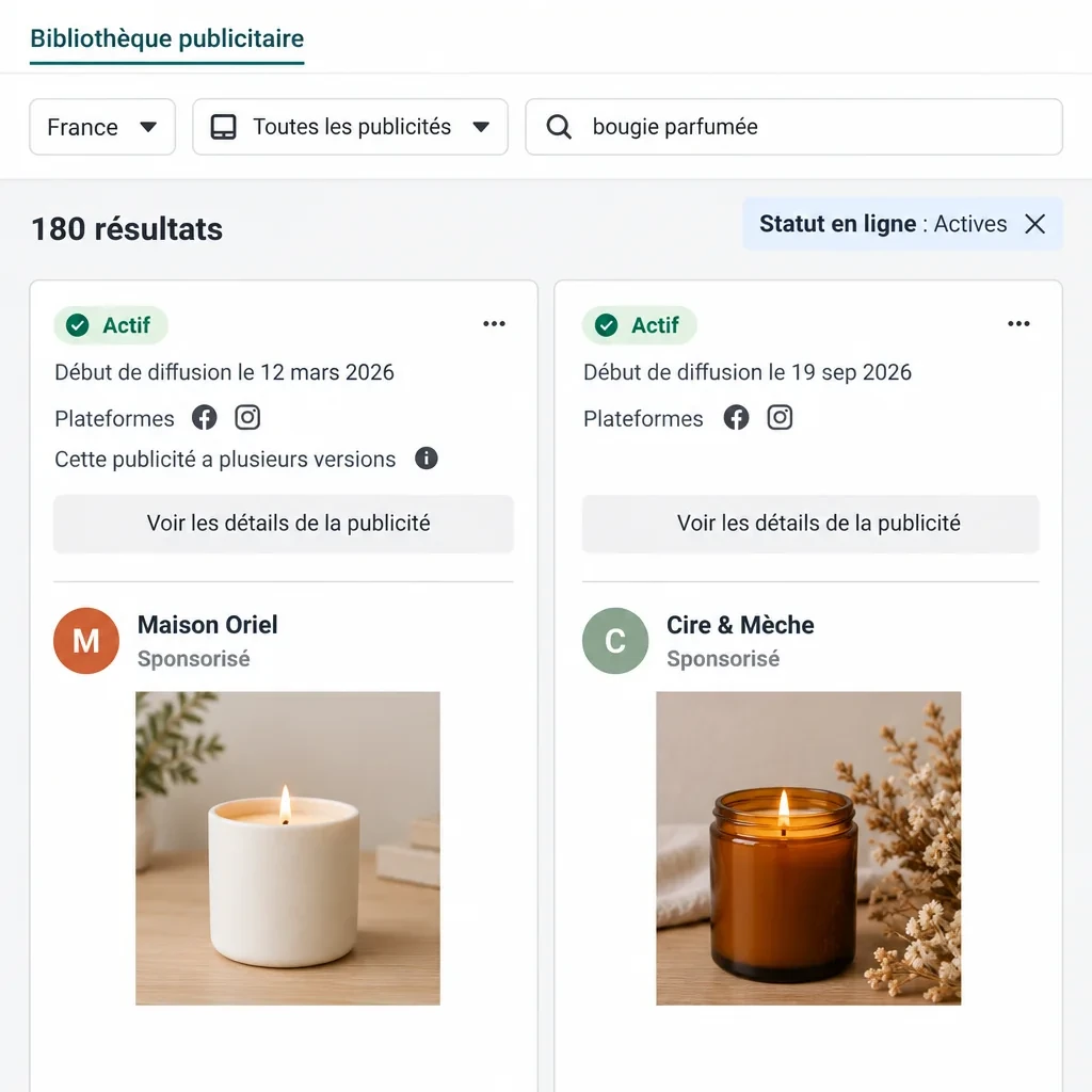 La Bibliothèque publicitaire de Meta : une recherche bougie parfumée en France, filtrée sur les publicités actives, avec deux boutiques fictives, l'une diffusée depuis le 12 mars 2026 avec plusieurs versions, l'autre depuis le 19 septembre 2026