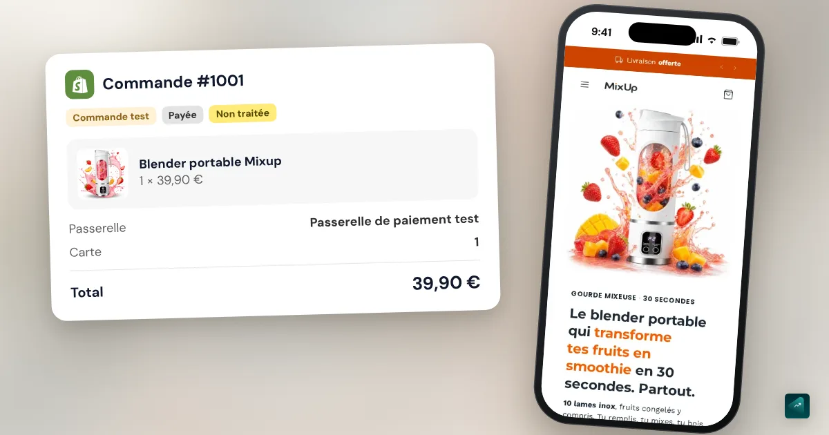 Commande test Shopify : tester ta boutique sans payer, puis effacer la commande