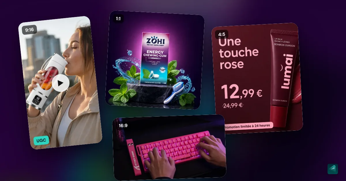 Créas publicitaires e-commerce : angles, accroches, formats, zones sûres, UGC et tests pour Meta et TikTok