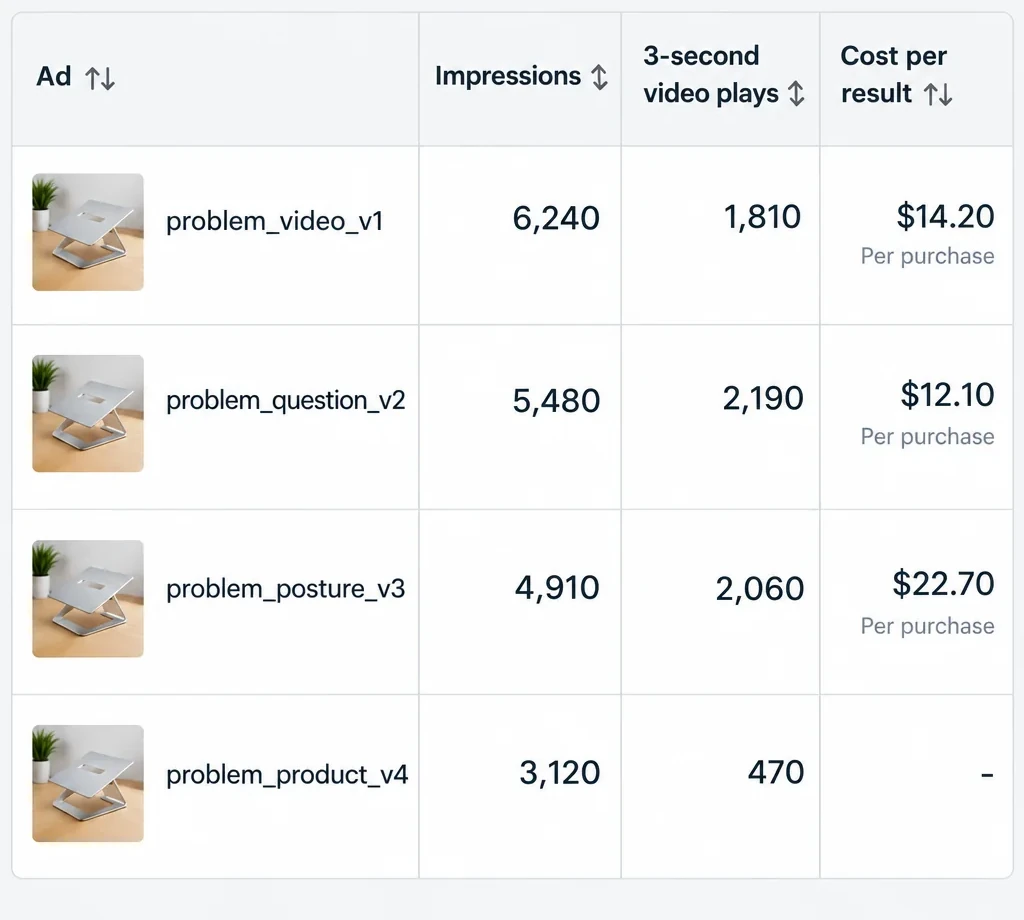 Meta Ads Manager: four ads for a laptop stand with their impressions, 3-second video plays and cost per purchase