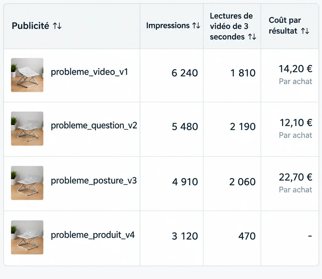 Le Gestionnaire de publicités de Meta : quatre publicités d'un support d'ordinateur avec leurs impressions, leurs lectures de vidéo de 3 secondes et leur coût par achat