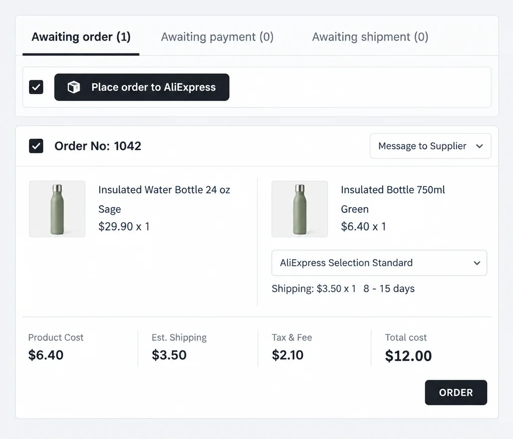 The DSers Awaiting order tab: order 1042 for a Sage insulated water bottle sold at $29.90, supplier product at $6.40, AliExpress Selection Standard shipping, $12.00 estimated total cost and an ORDER button