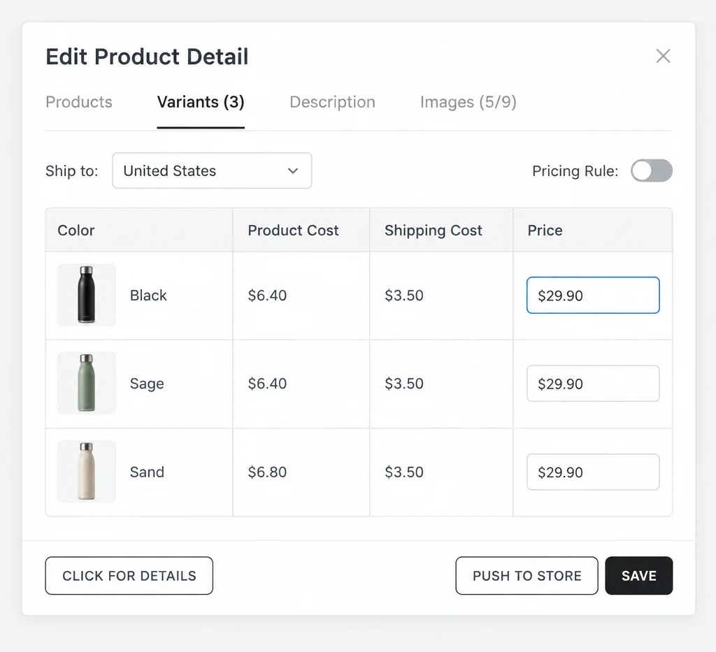 The DSers Edit Product Detail editor, Variants tab: shipping to the United States, three insulated water bottle colors (Black, Sage, Sand) with product cost, shipping cost and a $29.90 selling price