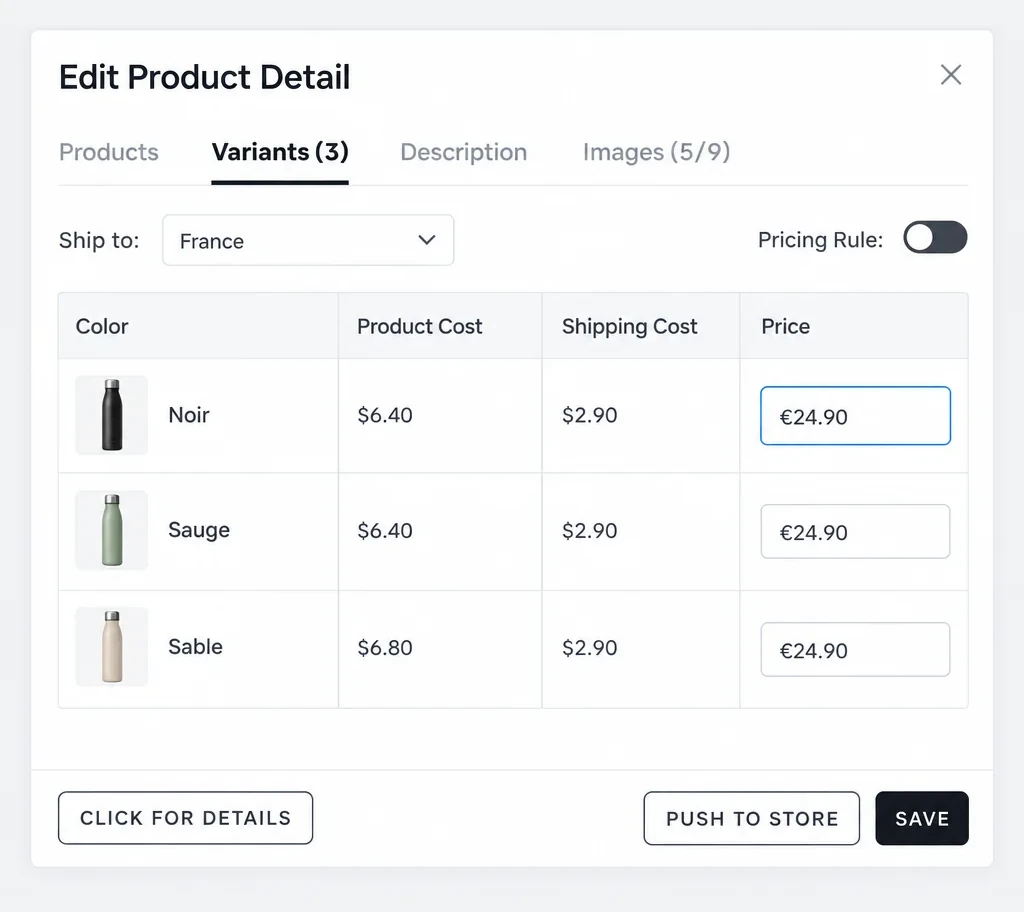L'éditeur Edit Product Detail de DSers, onglet Variants : livraison vers la France, trois couleurs de gourde isotherme (Noir, Sauge, Sable) avec le coût du produit, le coût de livraison et un prix de vente de 24,90 €