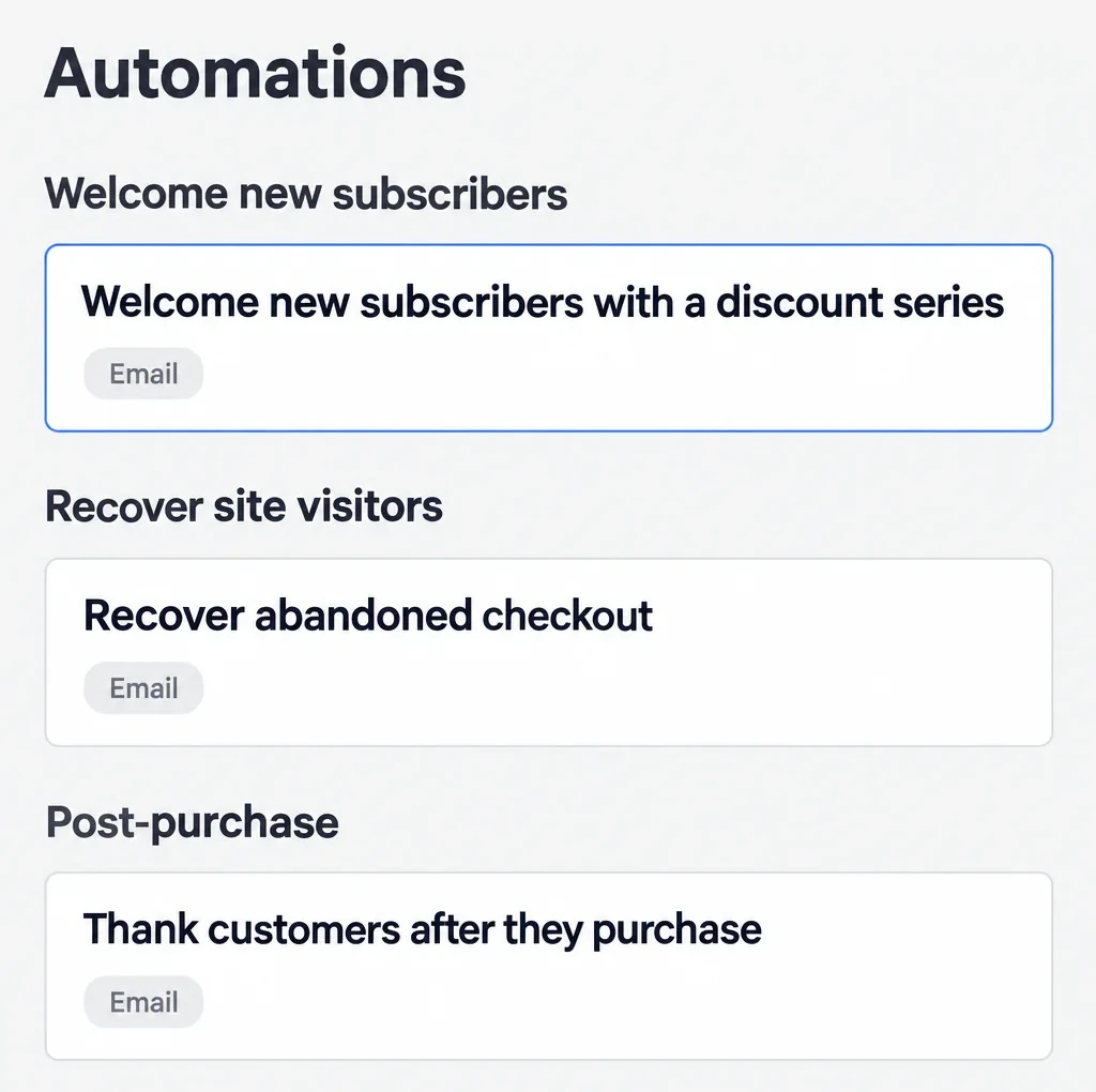 The Shopify Messaging Automations page: the templates "Welcome new subscribers with a discount series," "Recover abandoned checkout" and "Thank customers after they purchase," each under its category