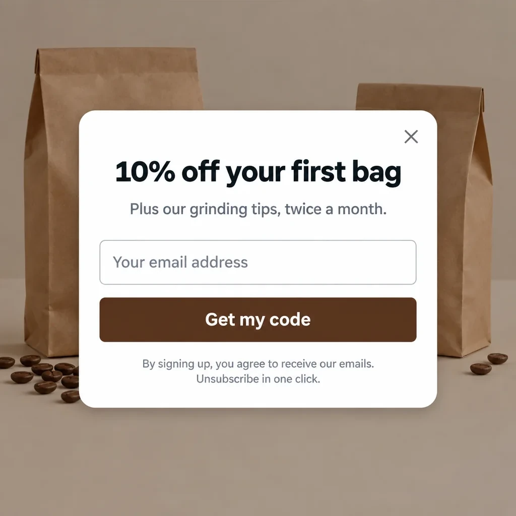 A signup pop-up on a coffee store: "10% off your first bag," grinding tips twice a month, an email field, a "Get my code" button and a consent line