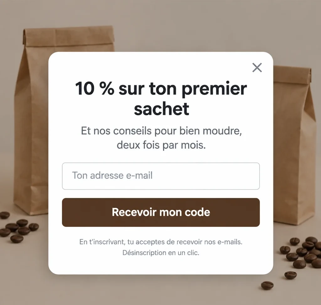 Une pop-up d'inscription sur une boutique de café : « 10 % sur ton premier sachet », des conseils de mouture deux fois par mois, un champ e-mail, le bouton « Recevoir mon code » et la mention du consentement