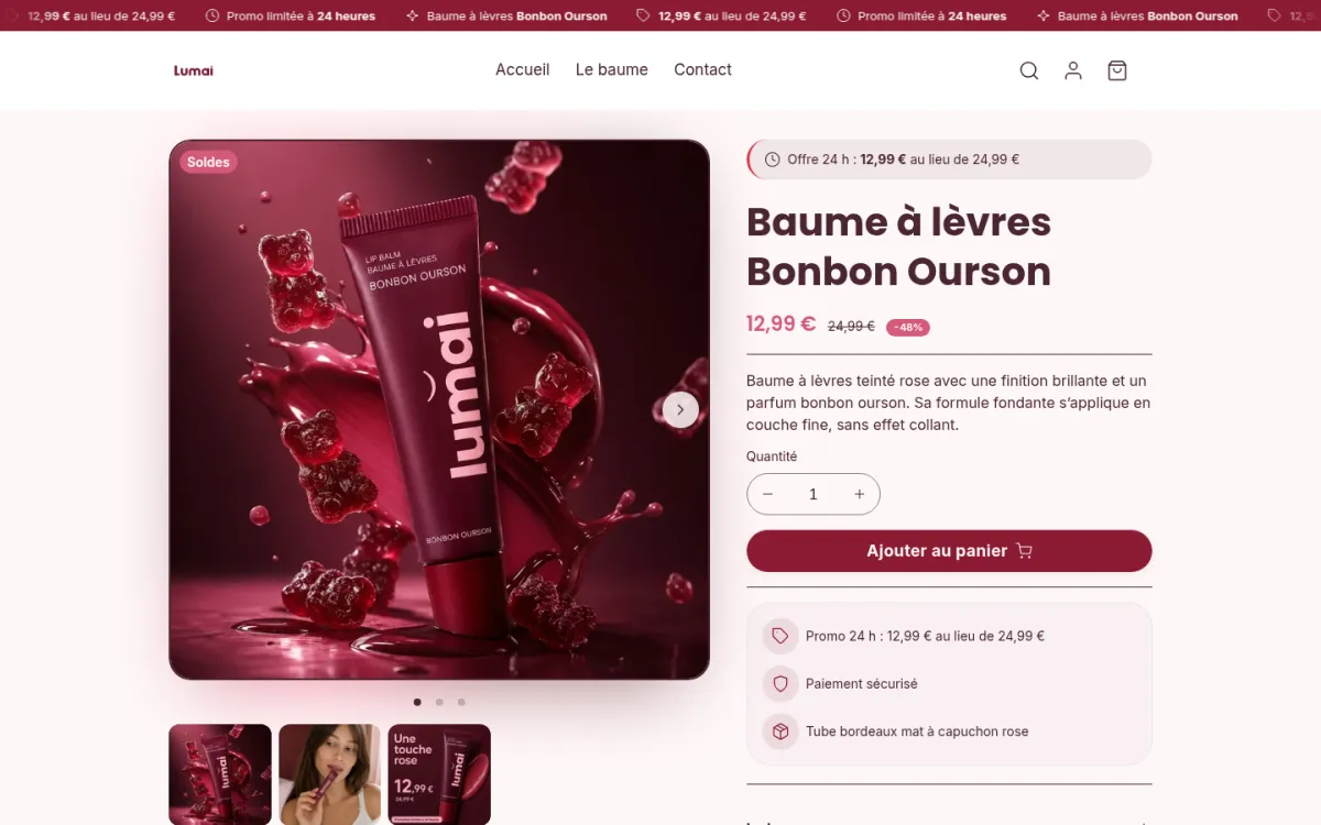 Fiche produit du baume à lèvres Bonbon Ourson de la boutique Lumai sur ordinateur : photo du tube, titre, prix promo, bouton Ajouter au panier et bloc de réassurance