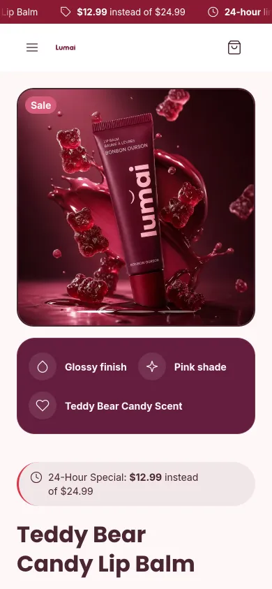 The same product page on mobile: tube photo, three benefit badges, offer banner, and title