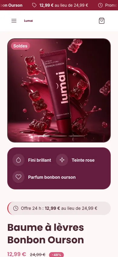 La même fiche produit sur mobile : photo du tube, trois bénéfices en pastilles, bandeau d'offre et titre