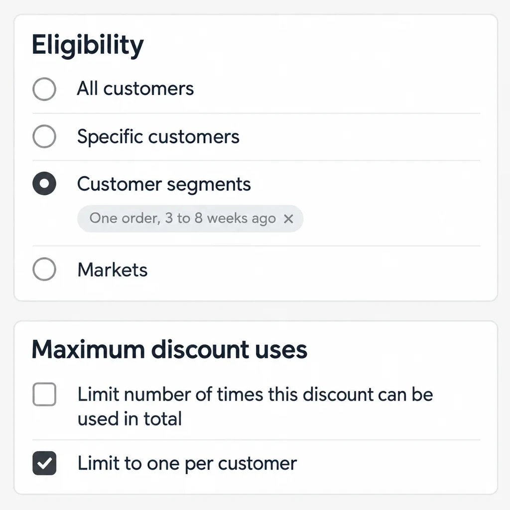 The Shopify discount page: eligibility is set to the customer segment One order, 3 to 8 weeks ago and the discount is limited to one use per customer