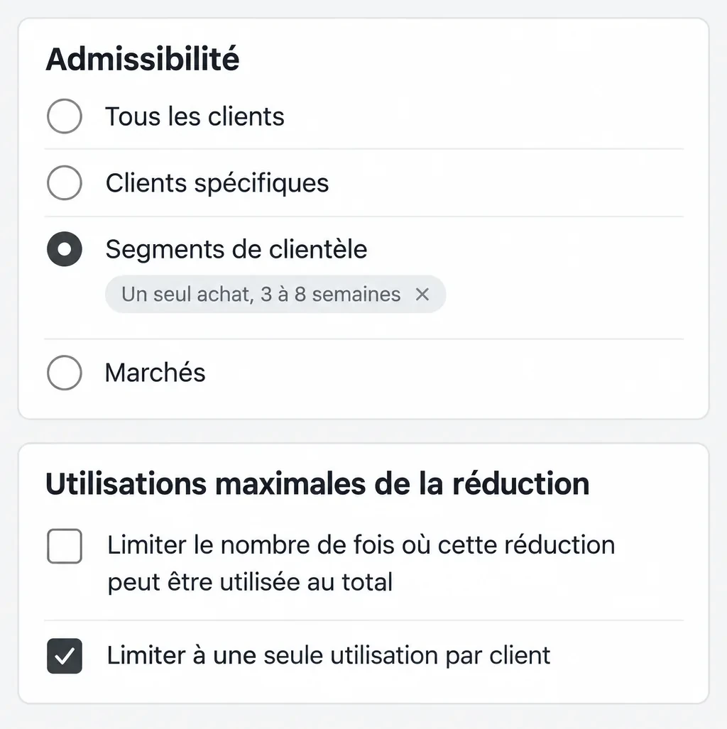 La page de création d'une réduction Shopify : l'admissibilité est réglée sur le segment de clientèle « Un seul achat, 3 à 8 semaines » et la réduction est limitée à une seule utilisation par client
