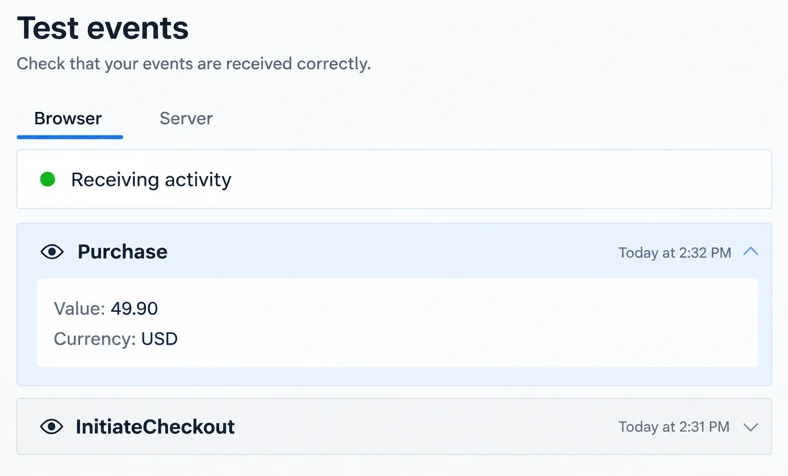 Meta's Test events tool, Browser tab: a Purchase of 49.90 received in USD