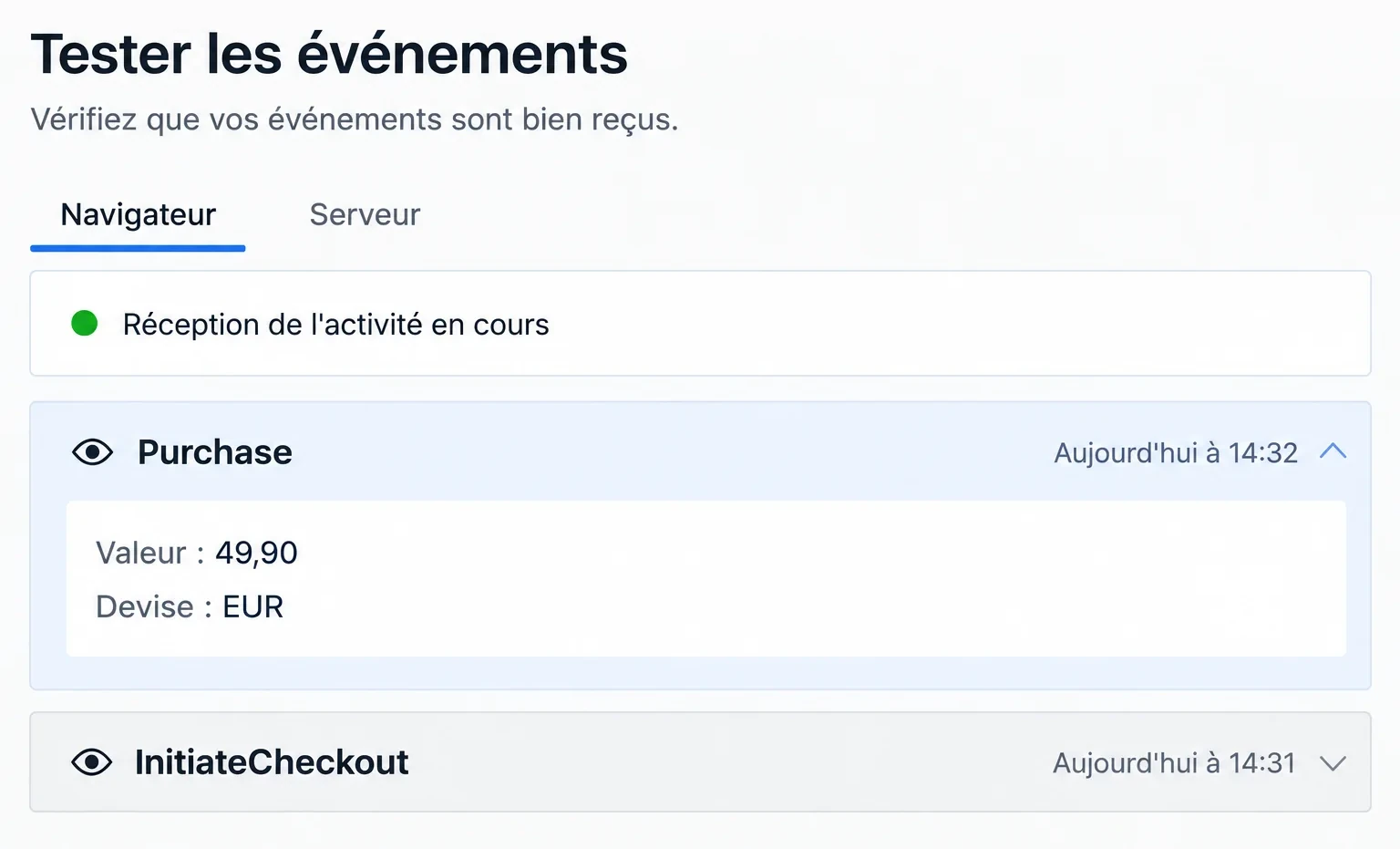 L'outil de test des événements de Meta, onglet Navigateur : un achat Purchase de 49,90 reçu en EUR