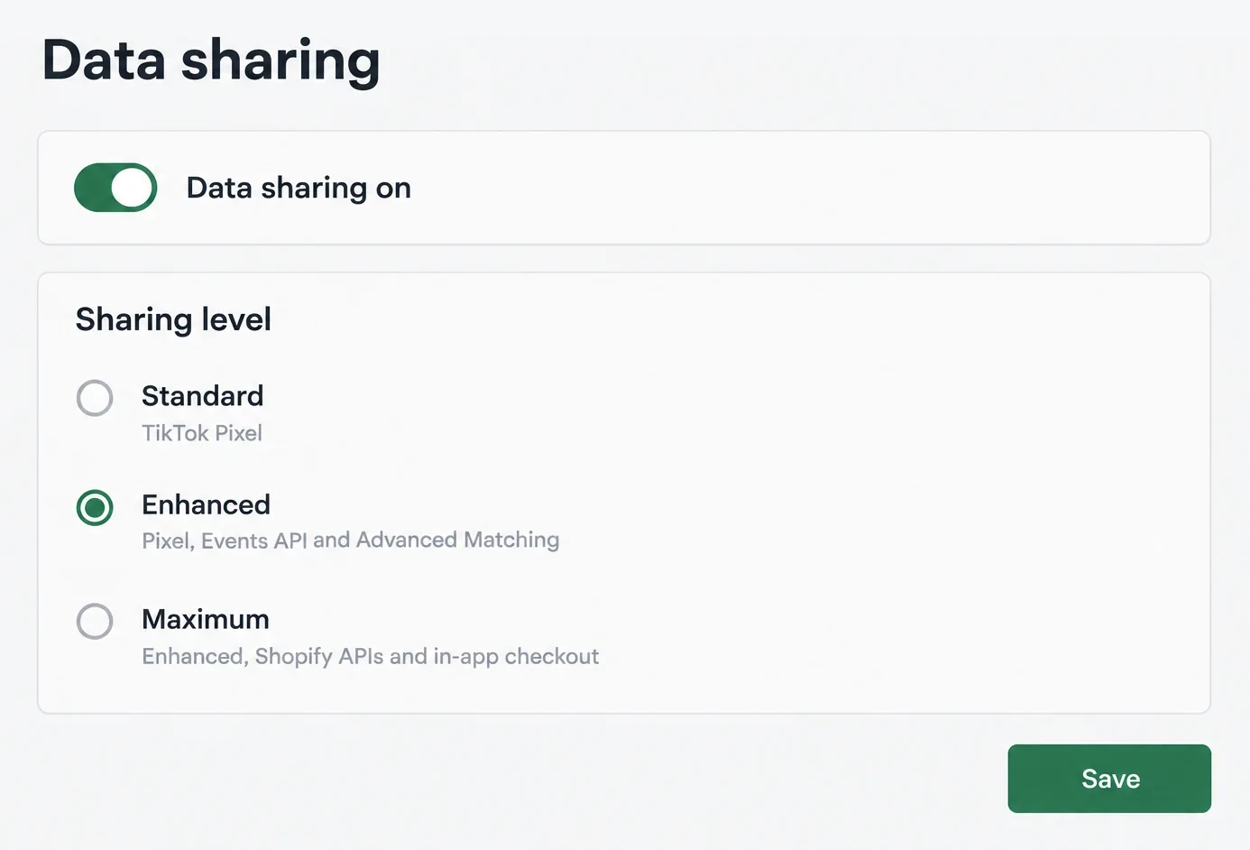 The TikTok app's data sharing on Shopify: Enhanced level selected