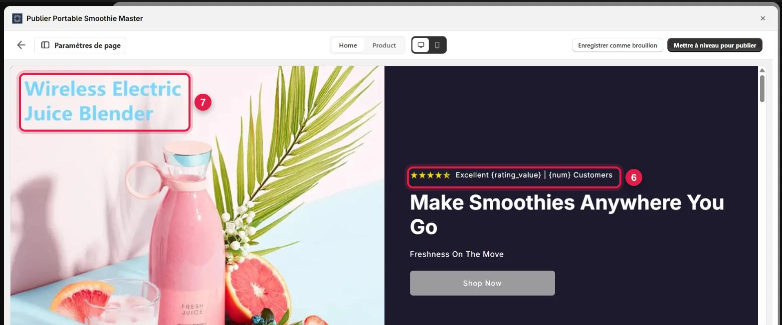 Home page generated by Atlas annotated with 2 numbers: the line Excellent {rating_value} | {num} Customers above the title Make Smoothies Anywhere You Go, and the seller's photo with the text Wireless Electric Juice Blender