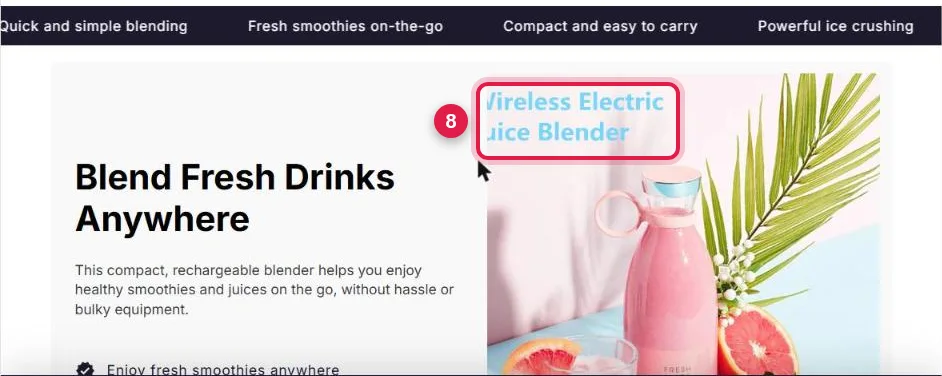 Blend Fresh Drinks Anywhere section of the Atlas product page: the same seller photo, cropped, its text cut to ireless Electric and uice Blender
