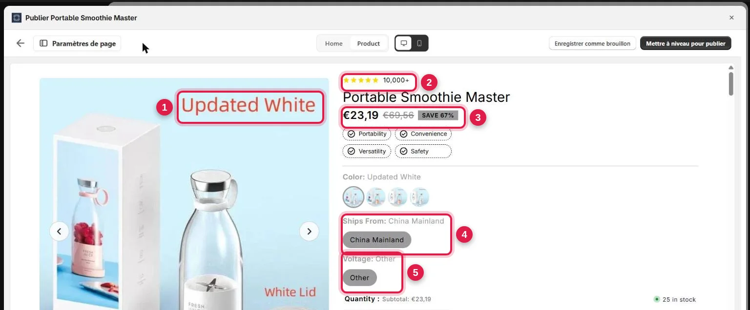 Atlas editor (interface in French), Portable Smoothie Master product page annotated with 5 numbers: Updated White text baked into the photo, 10,000+ rating, €23.19 instead of €69.56 with SAVE 67%, Ships From China Mainland option, Voltage Other option