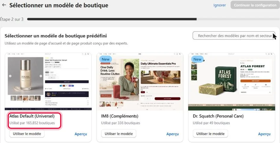 Atlas (interface in French), step 2 of 3, select a predefined store template: Atlas Default (Universal) used by 165,852 stores, IM8 (Supplements) 336 stores, Dr. Squatch (Personal Care) 49 stores