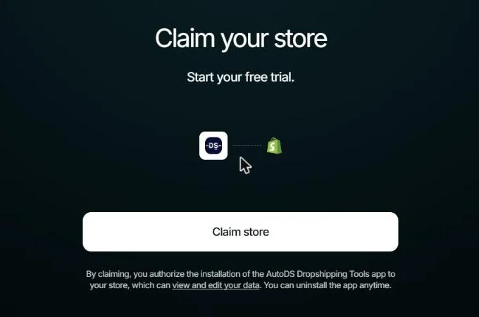 Shopify page Claim your store, Start your free trial: AutoDS logo linked to the Shopify logo, Claim store button, and the line By claiming, you authorize the installation of the AutoDS Dropshipping Tools app to your store, which can view and edit your data
