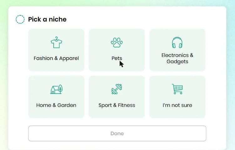 BuildYourStore, Pick a niche screen: six boxes, Fashion & Apparel, Pets, Electronics & Gadgets, Home & Garden, Sport & Fitness, I'm not sure, and a Done button
