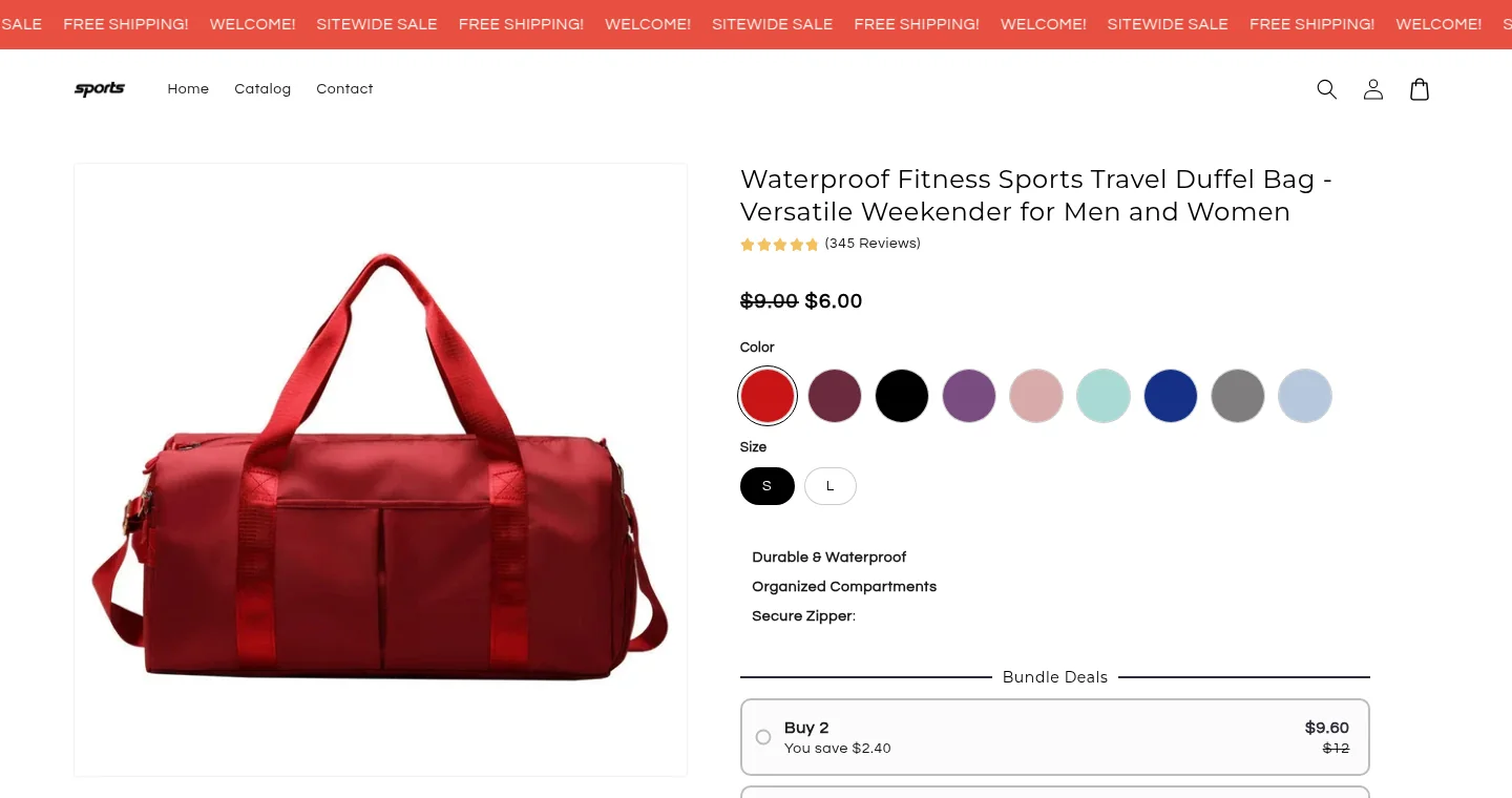 Product page of a store delivered by BuildYourStore: Waterproof Fitness Sports Travel Duffel Bag, five stars and (345 Reviews), price $6.00 instead of $9.00, Bundle Deals Buy 2, Buy 3, Buy 4
