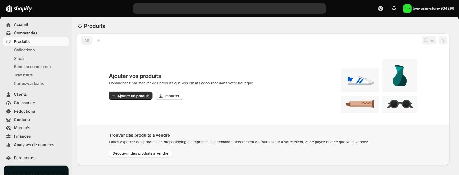 Shopify admin of the store bys-user-store-934296, empty Products page, interface in French: Ajouter vos produits (Add your products)