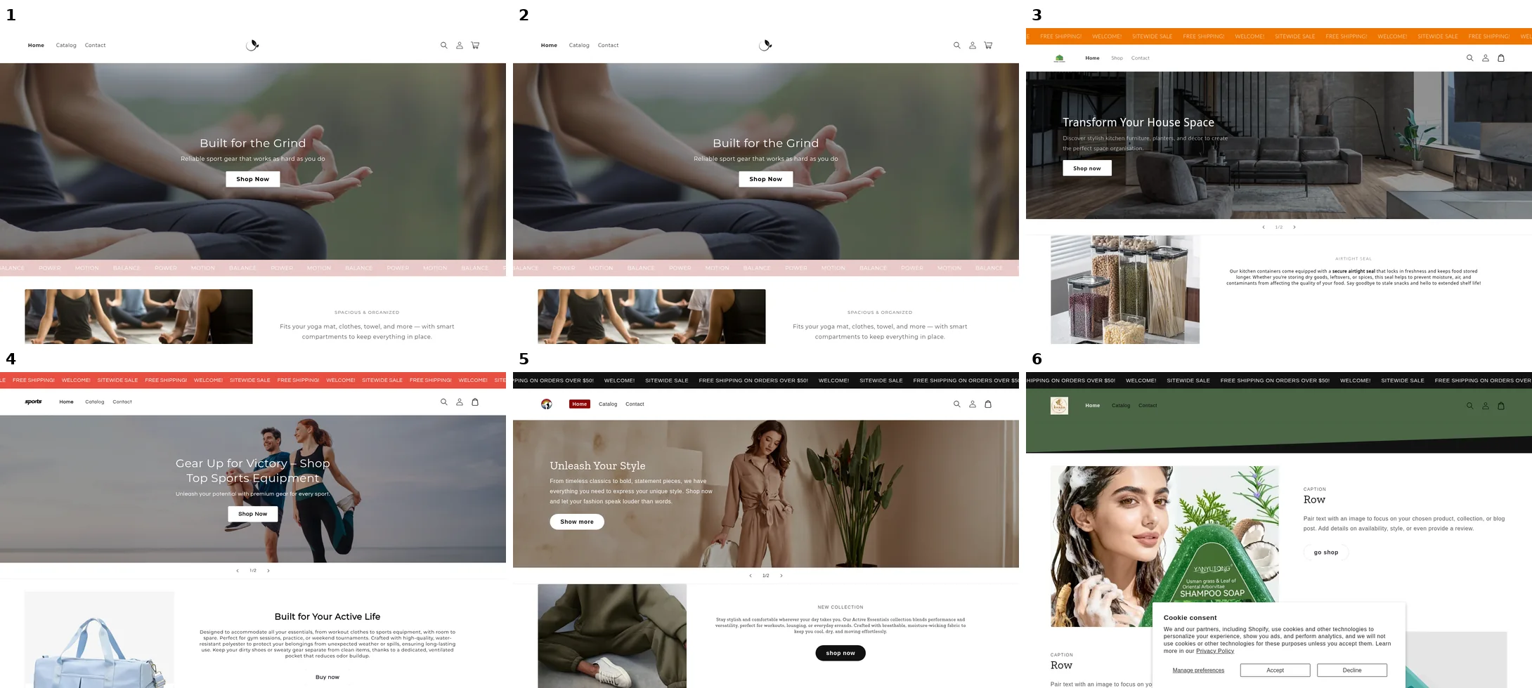 Six home pages of stores delivered by BuildYourStore, numbered 1 to 6: stores 1 and 2 are identical with the title Built for the Grind and a yoga photo, store 3 says Transform Your House Space, store 4 is sports, store 5 is fashion, store 6 shows the placeholder text Row