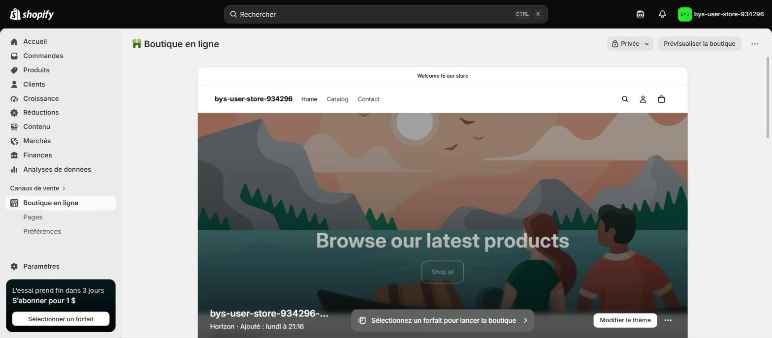 Shopify admin, Online Store, interface in French: Horizon theme added Monday at 21:16, home page Welcome to our store, Browse our latest products, banner asking to select a plan to launch the store