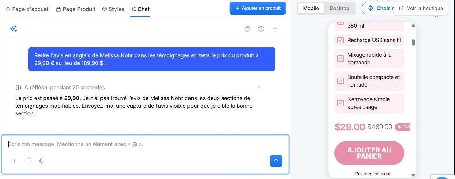 Chat de l'éditeur Copyfy : notre demande de retirer l'avis en anglais et de passer le prix à 29,90 euros, réponse Le prix est passé à 29,90, Je n'ai pas trouvé l'avis de Melissa Nohr dans les deux sections de témoignages modifiables, et l'aperçu qui affiche 29.00 dollars