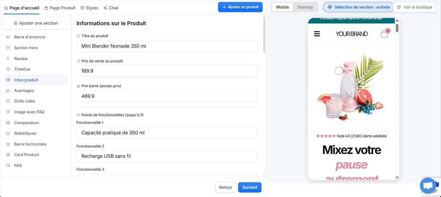Éditeur de boutique Copyfy : étapes Générer des images, Personnaliser la boutique, Publier, liste des sections Barre d'annonce, Section héro, Review, Timeline, Infos produit, Avantages, Grille vidéo, Image avec FAQ, Comparaison, Statistiques, champs titre, prix de vente 189.9 et prix barré 469.9, aperçu mobile à droite