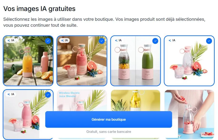 Copyfy, étape Vos images IA gratuites : cinq images du mini blender générées par l'IA et cochées, puis les photos du vendeur, bouton Générer ma boutique, mention Gratuit, sans carte bancaire