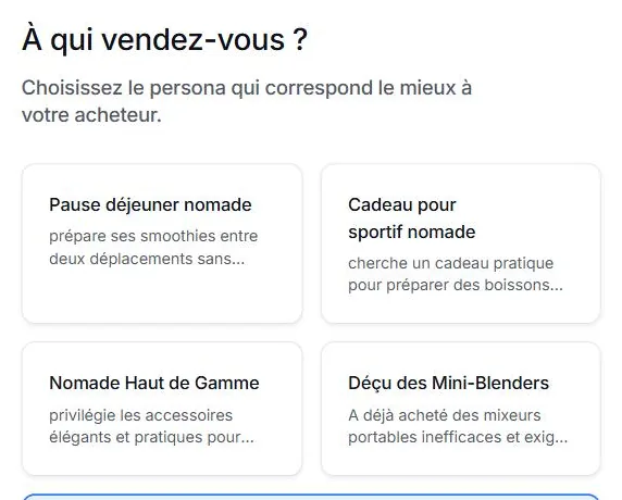 Copyfy, étape À qui vendez-vous : quatre personas proposés pour un mini blender, Pause déjeuner nomade, Cadeau pour sportif nomade, Nomade Haut de Gamme, Déçu des Mini-Blenders, et le bouton Continuer