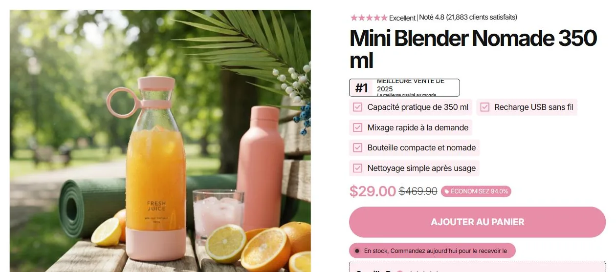 Aperçu de la boutique générée par Copyfy : Mini Blender Nomade 350 ml, cinq étoiles Excellent, Noté 4.8 (21,883 clients satisfaits), badge #1 meilleure vente de 2025, cinq puces d'arguments, prix en dollars barré 469,90, bouton Ajouter au panier