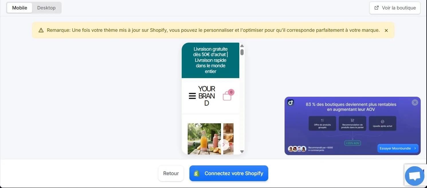 Copyfy, étape Publier : aperçu mobile de la boutique, remarque Une fois votre thème mis à jour sur Shopify vous pouvez le personnaliser, bouton Connectez votre Shopify, encart publicitaire pour une application tierce