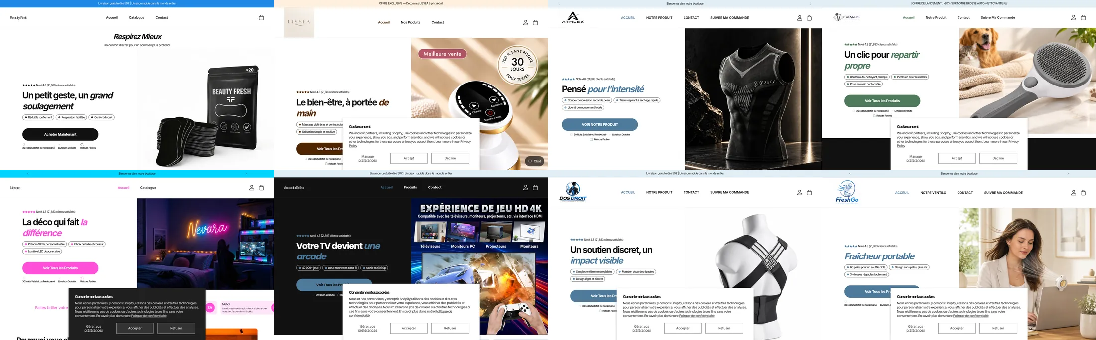 Huit pages d'accueil de boutiques en ligne bâties sur le thème Copyfy : même mise en page, un titre à gauche avec deux mots en italique coloré, trois puces, un bouton, la photo du produit à droite, et la ligne Noté 4.8 (21,883 clients satisfaits) au-dessus du titre