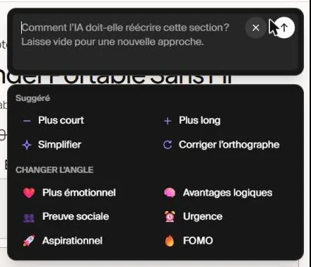 Éditeur DropMagic : fenêtre Comment l'IA doit-elle réécrire cette section, avec les suggestions Plus court, Plus long, Simplifier, Corriger l'orthographe et les angles Plus émotionnel, Preuve sociale, Urgence, FOMO