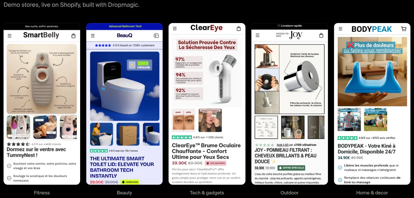 Les cinq boutiques de démo du site DropMagic, SmartBelly, BeauQ, ClearEye, JOY et BODYPEAK : même structure, grande image annotée, vignettes, note sur plus de 1 200 clients, titre, prix barré, puces