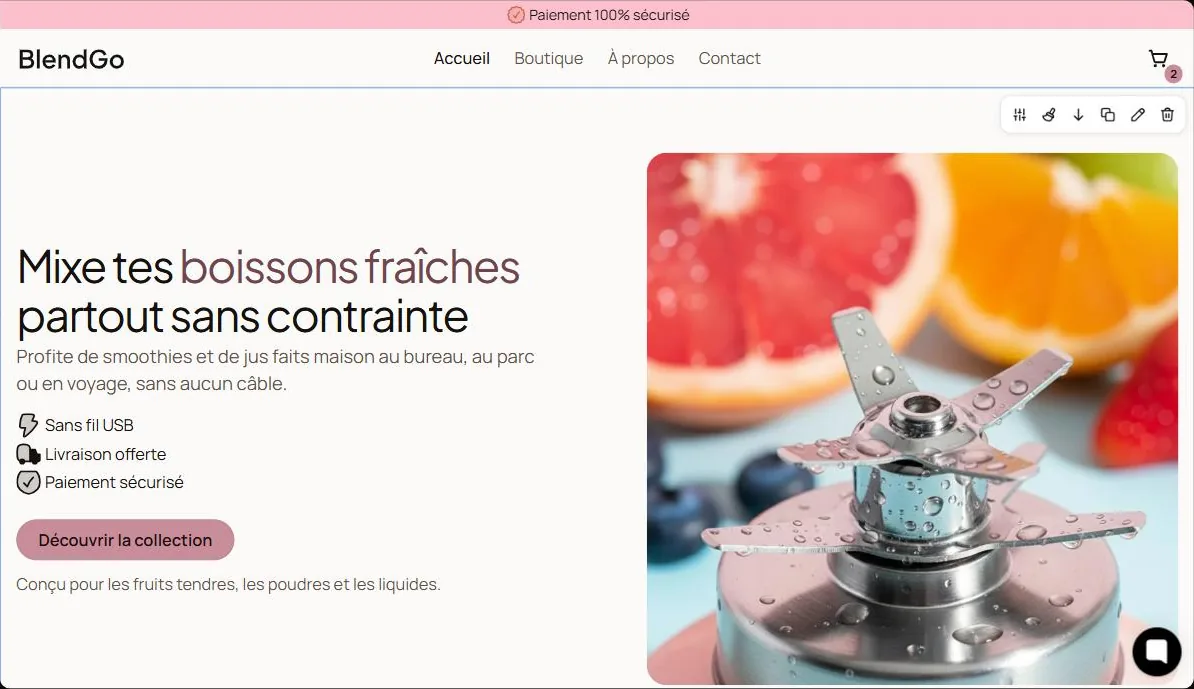 Page d'accueil générée par DropMagic pour BlendGo : Mixe tes boissons fraîches partout sans contrainte, Sans fil USB, Livraison offerte, Paiement sécurisé, bouton Découvrir la collection