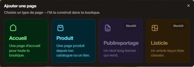 DropMagic, fenêtre Ajouter une page : Accueil, Produit, Publireportage et Listicle, ces deux derniers marqués Bientôt