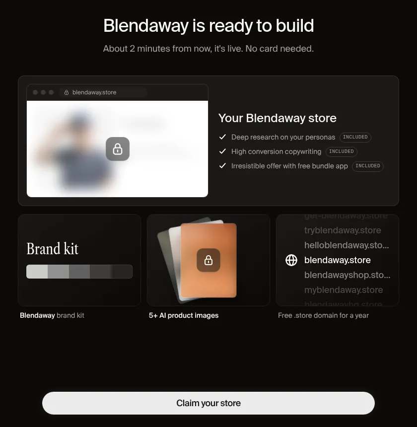 DropMagic, screen before account creation: Blendaway is ready to build, about 2 minutes from now it's live, no card needed, free .store domain for a year