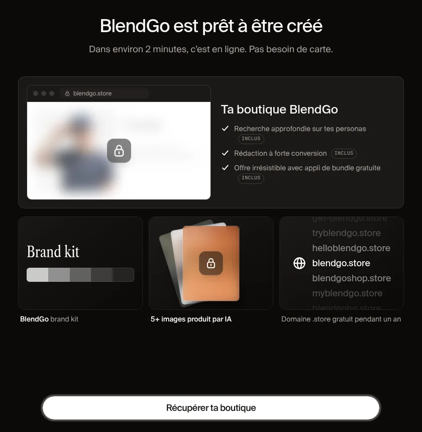 DropMagic, écran avant la création du compte : BlendGo est prêt à être créé, dans environ 2 minutes c'est en ligne, pas besoin de carte, domaine .store gratuit pendant un an