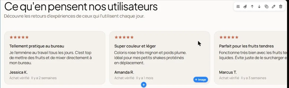 Section d'avis générée par DropMagic : Ce qu'en pensent nos utilisateurs, avis 5 étoiles de Jessica K., Amanda R. et Marcus T., chacun marqué Achat vérifié