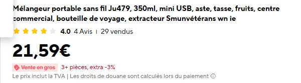 Fiche AliExpress du produit source : 4.0 étoiles, 4 avis, 29 vendus, 21,59 €