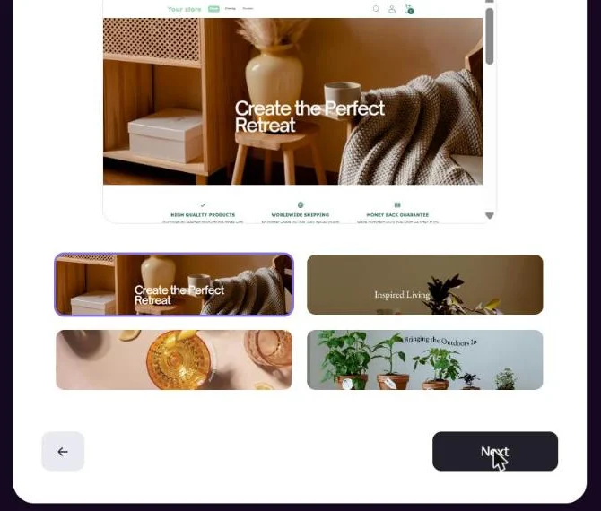 Storebuild.ai, Pick a banner step: a store preview with the headline Create the Perfect Retreat, and four banners to choose from for the House niche