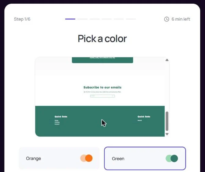 Storebuild.ai, step 1 of 6 Pick a color: store preview in green, Orange and Green options, 6 min left