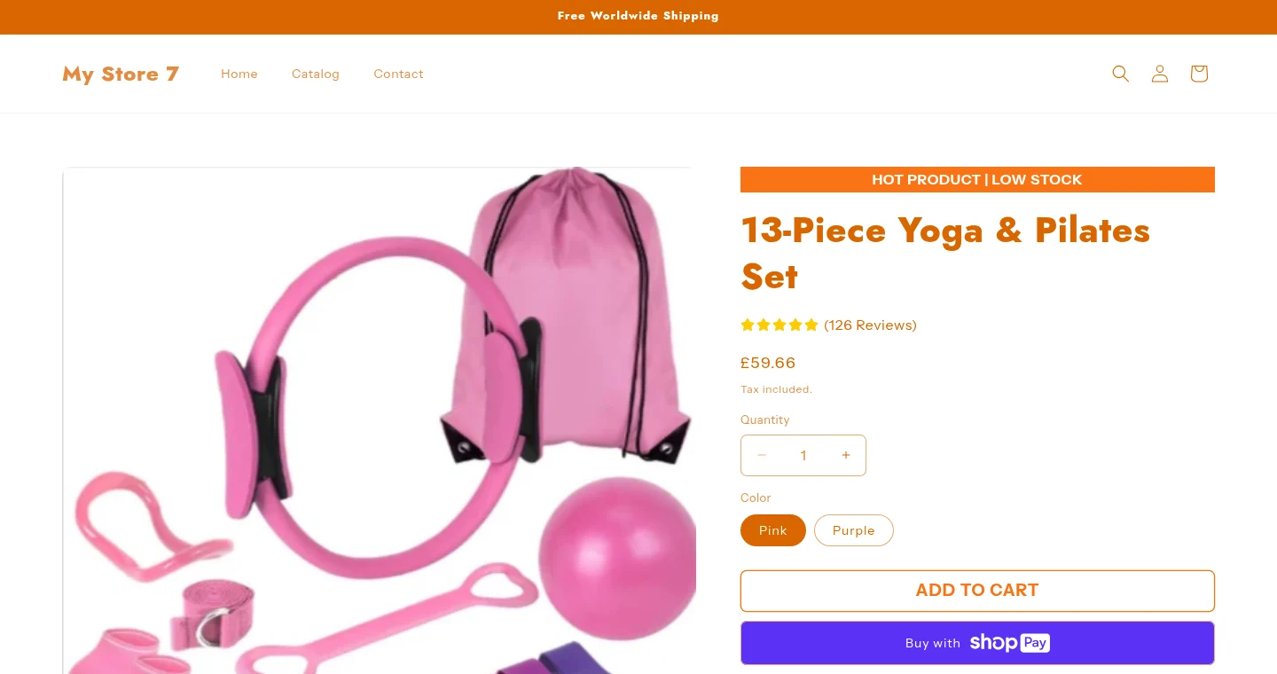 Product page of a store named My Store 7 on the Zendrop theme: 13-Piece Yoga and Pilates Set, Hot product Low stock bar, five stars and (126 Reviews), 59.66 pounds, Order now and receive in 4-8 days