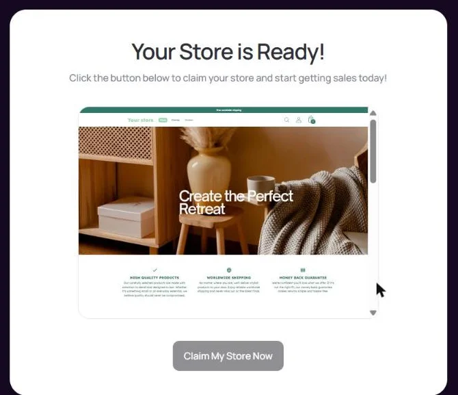 Storebuild.ai, Your Store is Ready! screen: Click the button below to claim your store and start getting sales today, with a store preview and the Claim My Store Now button